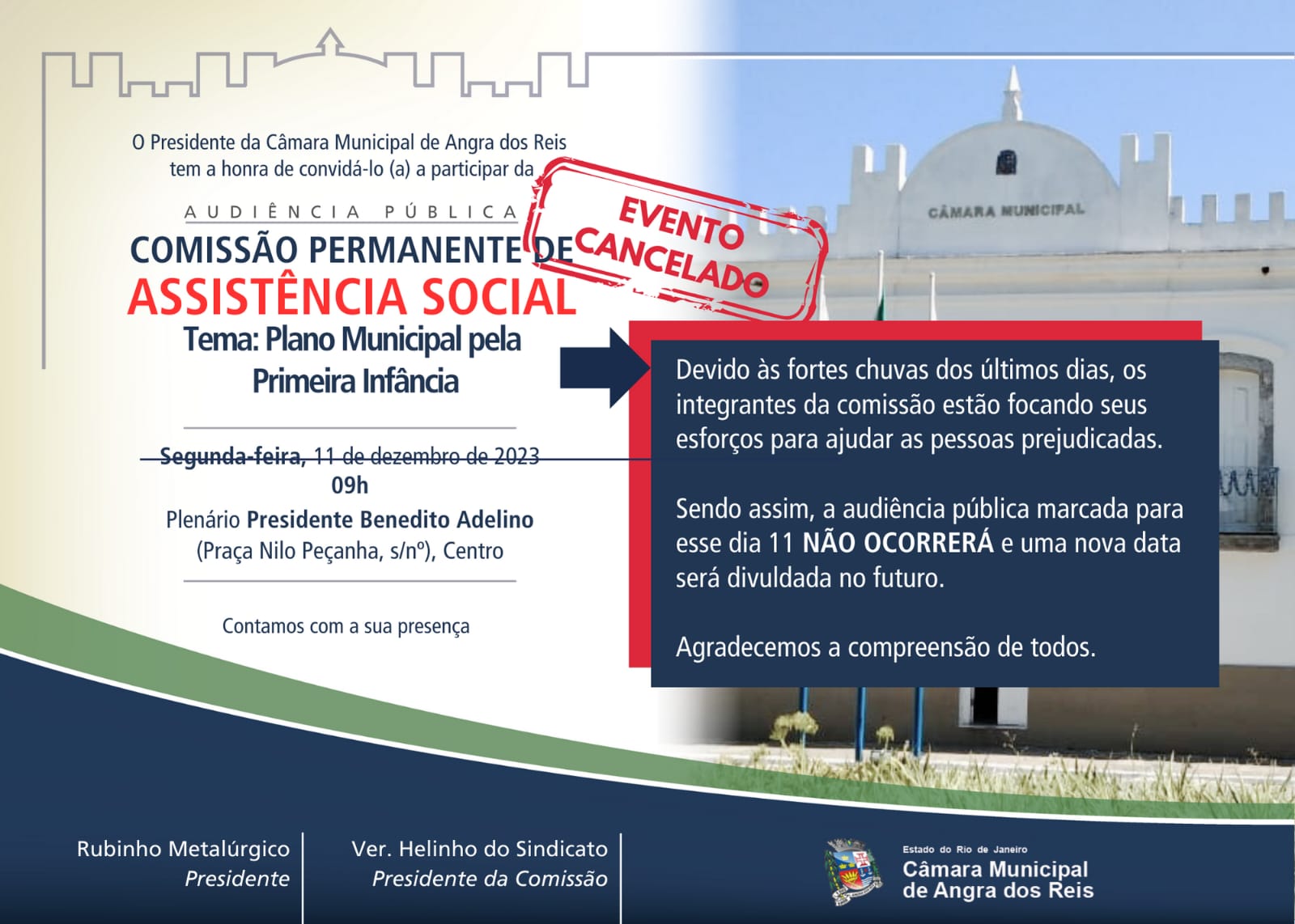 Audiência Pública cancelada devido às fortes chuvas 