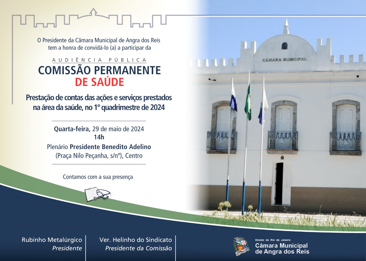 Câmara realizará Audiência Pública - Comissão Permanente de Saúde: prestação de contas das ações e serviços prestados na área da saúde no 1º quadrimestre