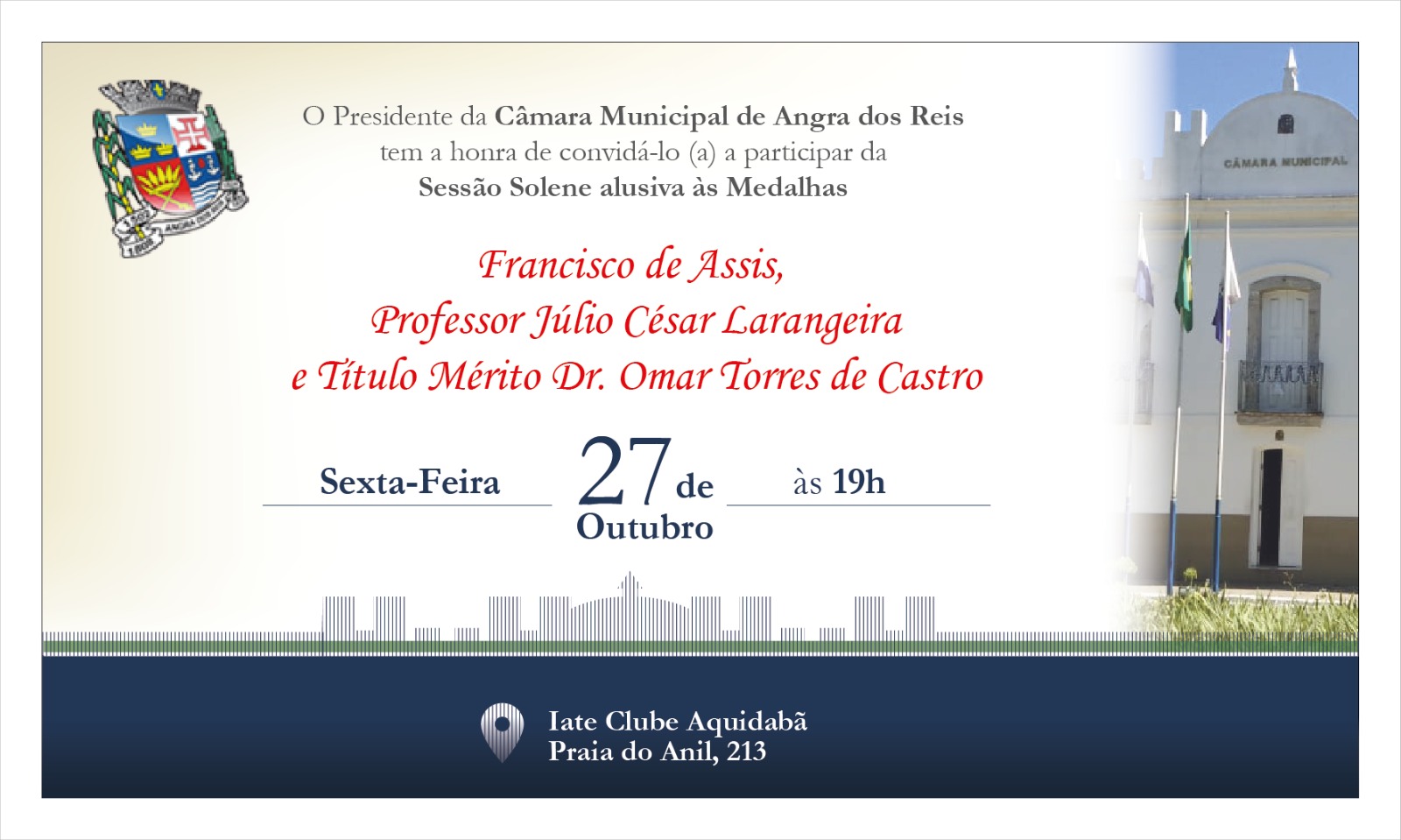 Câmara realizará Sessão Solene alusiva às medalhas Francisco de Assis, Professor Júlio César Larangeira e Título Mérito Dr. Omar Torres de Castro