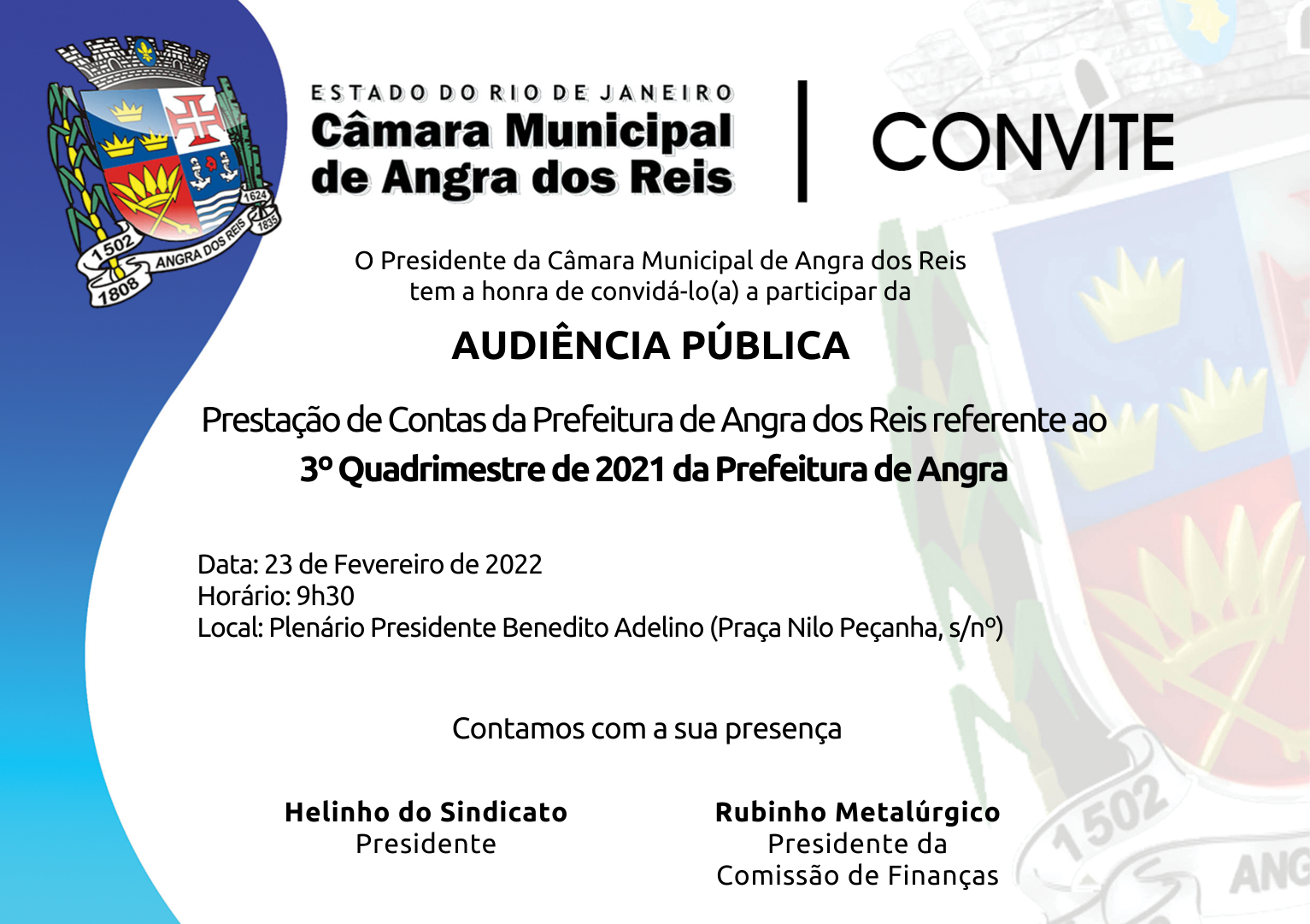 Câmara receberá audiência de prestação de contas das finanças do município