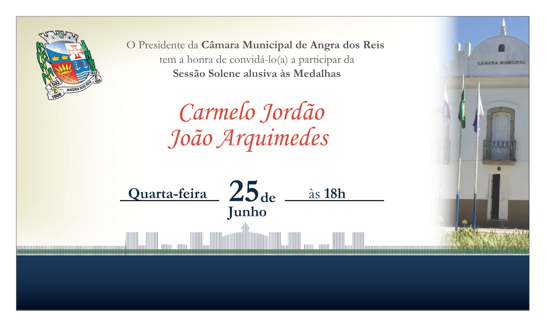 Câmara realizará Sessão Solene alusiva à entrega das Medalhas Carmelo Jordão e Mérito Naval João Arquimedes